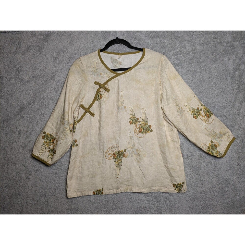 Women's Pajama Top Size Large Retro Floral Frog Button Nightwear Asian Style